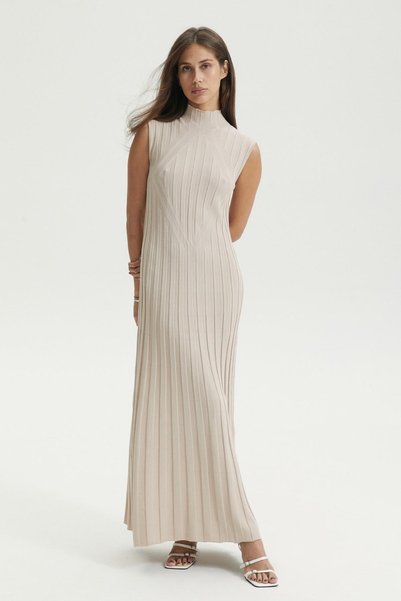 Ferraro Beige Viscose Blended Ribbed Knit Dress