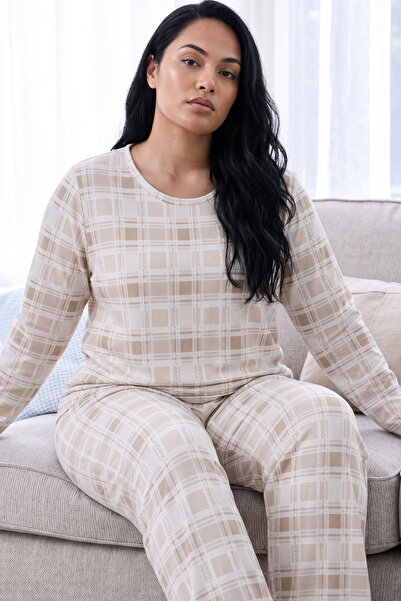 Siyah İnci Cream Plaid Patterned Thermal Fabric Ultra Soft Plus Size Oversize...