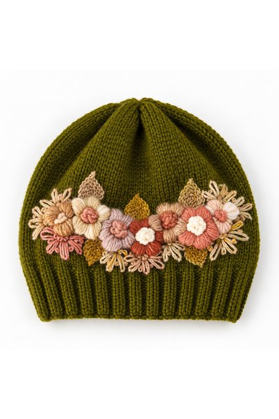 edirneörgü Women's Hand-Knitted Floral Embroidered Beanie – Alize Angora Gold – Double Layer Knit