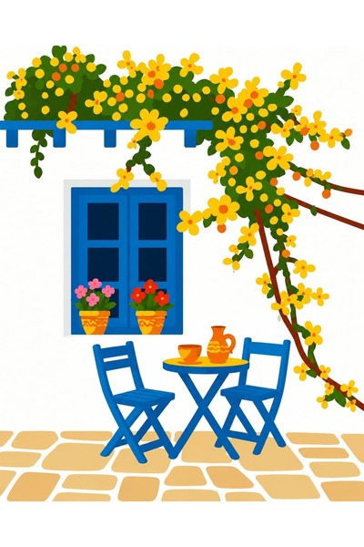 Sayılarla Boyama Seti 20x25 cm - Mavi Sandalyeli Avlu Ahşap Kasnaklı Akrilik Hobi Kiti