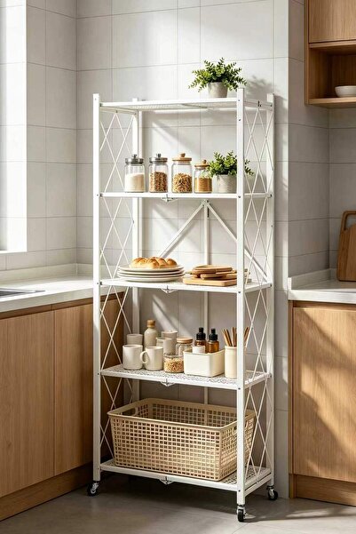 Generic foldable storage shelf, rolling cart with wheels, metal storage rack,...
