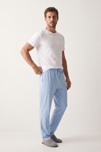 Elemge 100% Cotton Single Jersey Compact Combed Cotton Fabric Men's Pajama Bottoms Blue Comfortable Fit with Pockets Elastic Drawstring Anti-Sweat Breathable Flexible