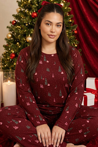 Siyah İnci Burgundy New Year Themed Patterned Thermal Fabric Ultra Soft Large...