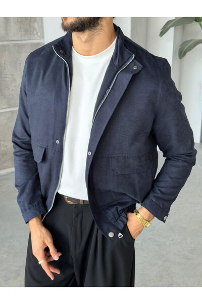 FO4RBS Premium Suede Textured Utility Coat Jacket S - Dark Blue
