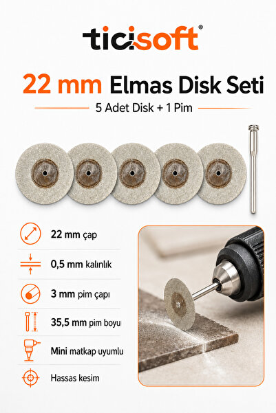 Ticisoft 5 Adet 22 mm Elmas Kesme Disk Seti 0,5 mm İnce Disk + 1 Adet 3 mm Pi...