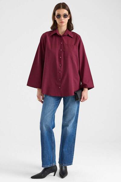 Olcay Spanish Style Loose Cotton Shirt Bordo 9365