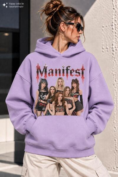 TREND EMMODA Kadın Oversize Mnifest Baskılı Kanguru Cepli Kapüşonlu Sweatshirt