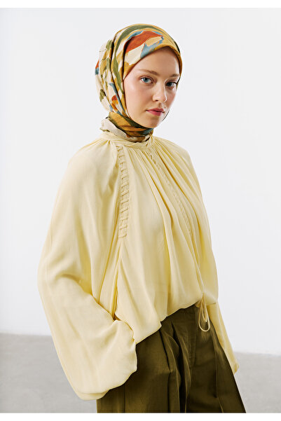 Freshscarfs Φουλάρι βουάλ με μοτίβο μπλοκ πρίντ, χρώμα μουστάρδας