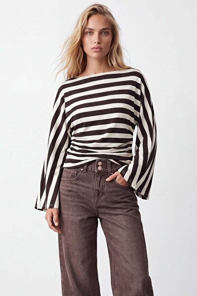 Trend Alaçatı Stili Women's Brown Boat Neck Gathered Waist Thick Striped Drap...