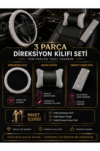 Adıfeks Premium Parlak Taşlı Direksiyon Kılıfı 3’lü Set Pırlanta Taşlı 3’lü D...