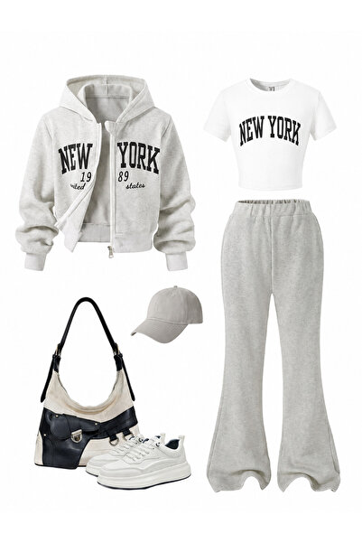 cc collection Kız Çocuk New York Baskılı 3’lü Takım Crop Tişört Fermuarlı Kap...