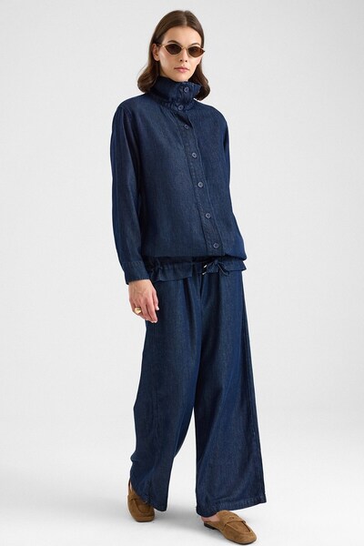 Olcay Büzgü Detaylı Soft Denim Ceket Pantolon İkili Takım LACİVERT 9472-TK