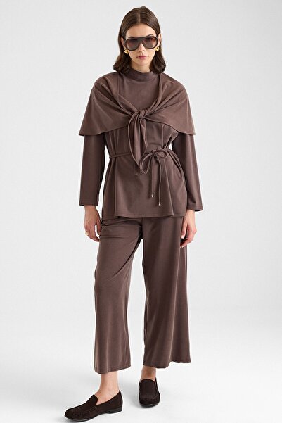 Olcay Şal Aksesuarlı Premium Kumaş Tunik Pantolon KAHVE 9470-TK