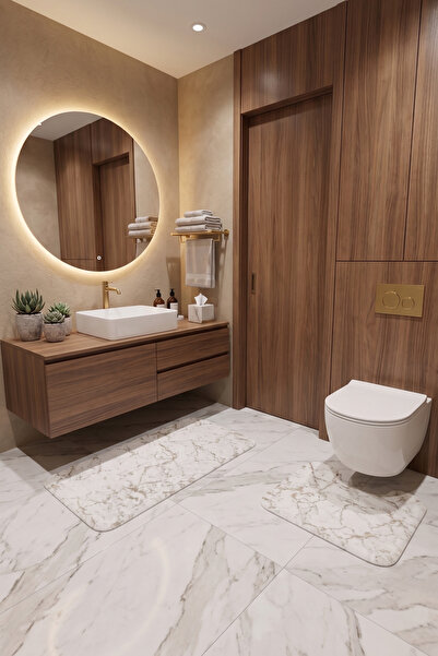 Tappeto Altın Varaklı İkili Banyo Paspası Krem (40x60 cm/60x90 cm)