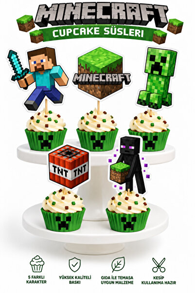 telaşe memuru 10 Adet Minecraft Temalı Premium Cupcake Süsü - Minecraft Temal...