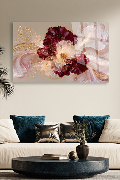 TAULART BORDO KREM ÇİÇEK CAM TABLO SOYUT LÜKS DUVAR DEKORU EV OFİS HEDİYESİ