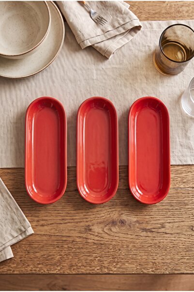 h homerest Kayık Tabak 3'lü Kırmızı Set 24x8 cm Parlak Yüzeyli Kahvaltılık Me...