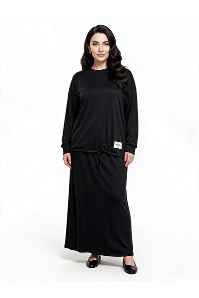 Mandolin Kadın Siyah Büzgülü Sweatshirt Tunik Ve Cepli Maxi Etek İkili Takım