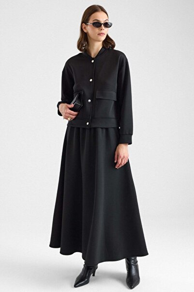 Olcay Torba Pocket Detailed Jacket Skirt Double Scuba Set Black 9469-Tk