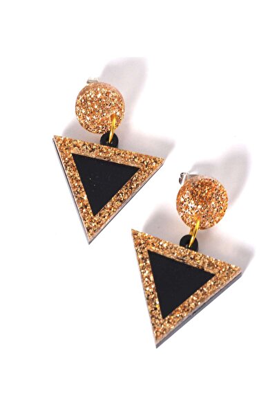 NO BRAND Σκουλαρίκια Triangle & Round Sparkle καρφωτά μαύρο-χρυσό plexiglass ...