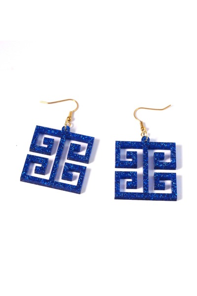 NO BRAND Σκουλαρίκια γάντζοι Meander Blue Glitter πλέξιγκλας χρυσοί μεταλλικο...