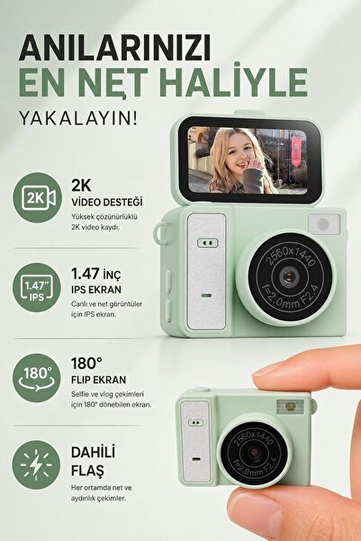 Coverzone Mini Dijital Kamera 2K Video ENT 1.47 İnç IPS Ekran 180° Flip Ekran...