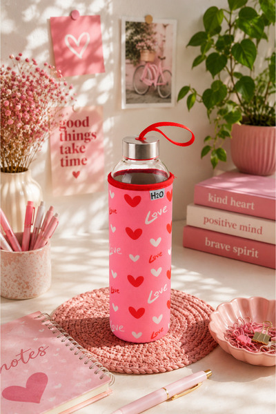 H2O Kılıflı Cam Su Şişesi Matara 750 ml Kalp Desenli – Çelik Kapaklı Taşıma A...