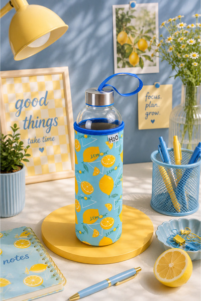 H2O Kılıflı Cam Su Şişesi Matara 750 ml Limon Desenli – Çelik Kapaklı Taşıma ...