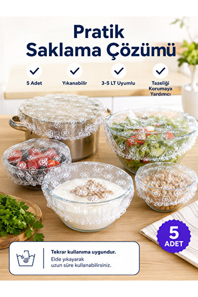TEYYE Yıkanabilir Gıda Bonesi 5 Adet - Desenli Lastikli Tencere Ve Tabak Kapa...