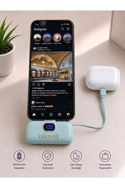 Nettec Rainvolt Mini Kapsül Powerbank – LED Dijital Göstergeli & Dahili Kablolu Taşınabilir Şarj Cihazı