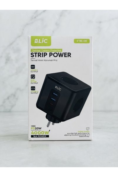 Blic Aura Akse Termal Akım Korumalı 3'lü Priz Küp 4000W 16A, 1x USB-C (PD 20W...