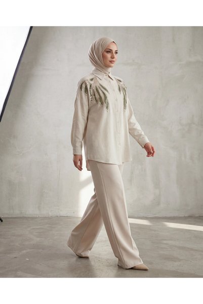 BURRASCA Pul Beaded Embroidered Oversized Linen Shirt