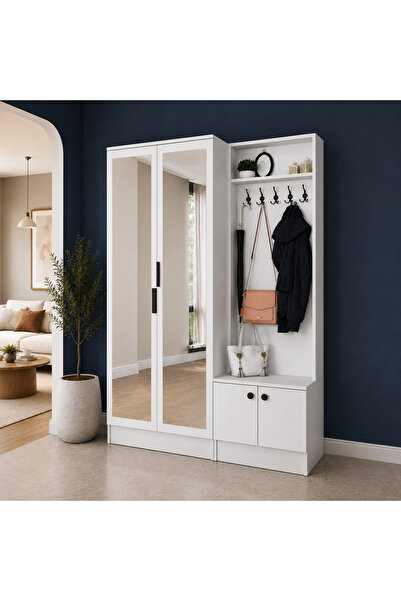 Rani Mobilya Rani EA175 Modern Portmanto 4 Kapaklı Aynalı Raflı Askılı Ayakkabılık Vestiyer Beyaz