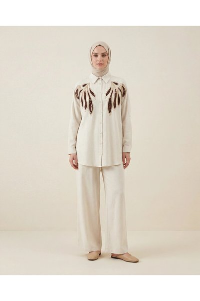BURRASCA Pul Beaded Embroidered Oversized Linen Shirt