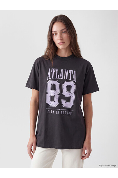 LC Waikiki Lcw Modest Anthracite Atlanta Printed 100% Cotton Women's T-Shirt
