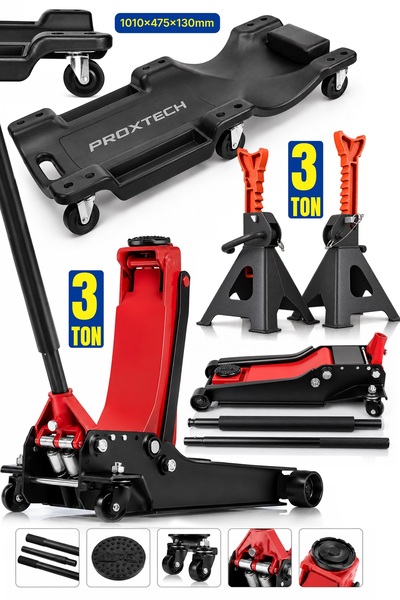 PROXTECH Usta Seti 3 Ton Hidrolik Garaj Krikosu Çift Piston 2’li 3TON Sehpa Tamirci Yatağı 150kgSeti