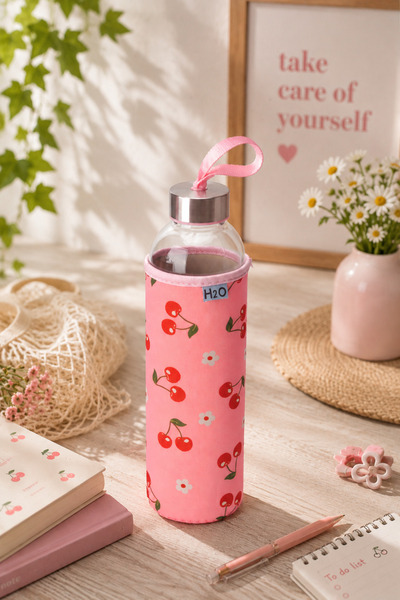 H2O Kılıflı Cam Su Şişesi Matara 750 ml Kiraz Desenli – Çelik Kapaklı Taşıma ...