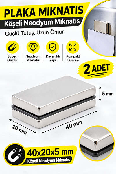 Dünya Magnet Plaka Mıknatısı – 40x20x5 mm Köşeli Neodyum Mıknatıs | 2 Adet