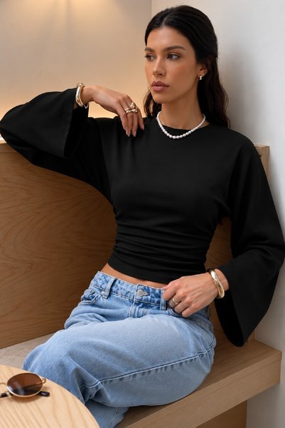 Cockatoo بلوزة نسائية سوداء أنيقة بأكمام طويلة وتصميم إسباني (4806)