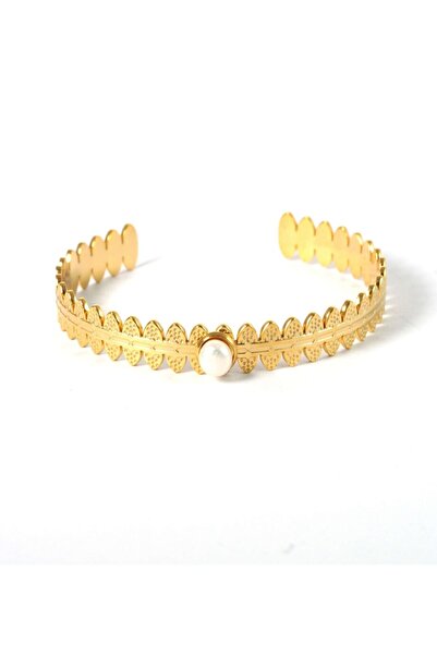 NO BRAND Βραχιόλι Ancient Greek Oval Vertical with Pearl ανοιγόμενο χρυσό μετ...