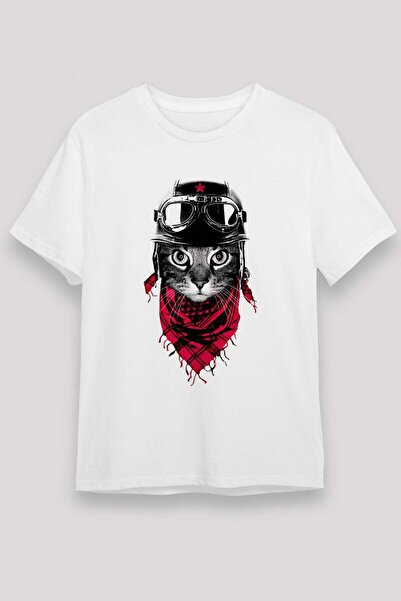 Darkhane Motorcyclist Cat Printed Unisex White T-Shirt