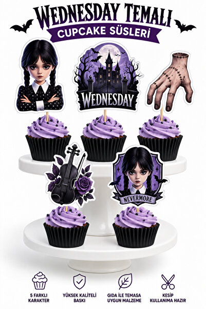 telaşe memuru 10 Adet Wednesday Temalı Premium Cupcake Süsü - Wednesday Temal...