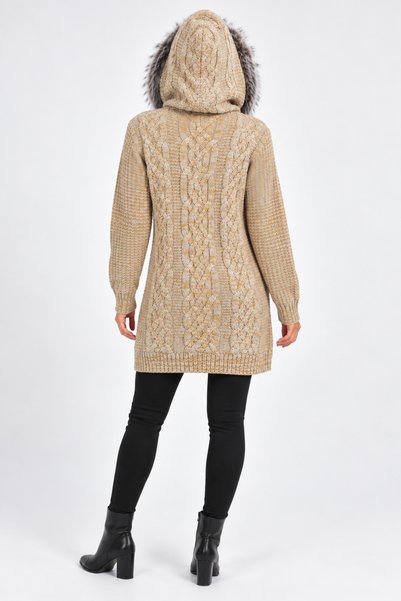 onymino Women's Plush Hooded Patterned Knitted Cardigan Mustard-Beige Melange