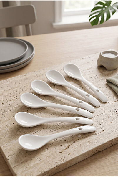 Kitchen Life Set de 6 lingurițe de porțelan alb pentru ceai, condimente și zahăr
