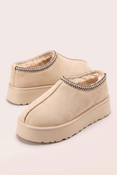 Neon Shoes Mini Süet İçi Kürklü Nakışlı Bilekte Kalın Taban Kadın Bot Bej