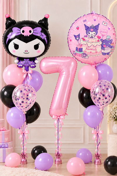 ALYA PARTİ Kuromi 7 Yaş Doğum Günü Balon Seti Rakam Folyo Balon Pembe Lila Si...