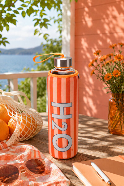 H2O Kılıflı Cam Su Şişesi Matara 750 ml Çizgili – Çelik Kapaklı Taşıma Askılı...