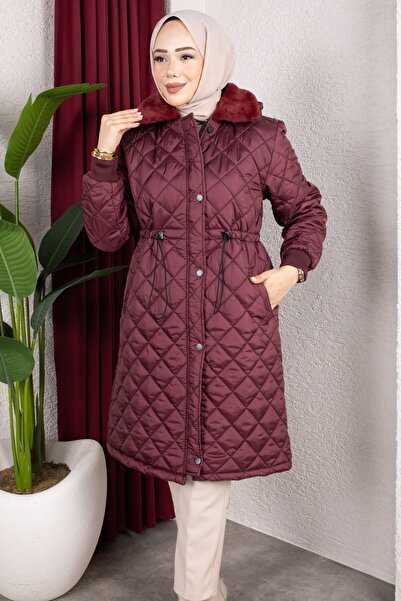 Rabia Zülal Removable Hooded Fur Collar Lined Women's Quilted Coat - Burgundy