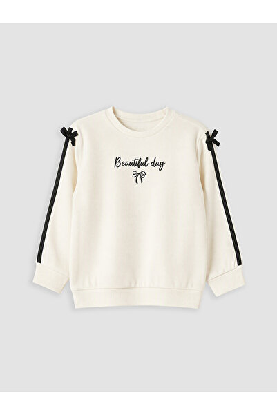 LC Waikiki Lcw Kids Ecru Crew Neck Printed Bow Detail Girls' Set