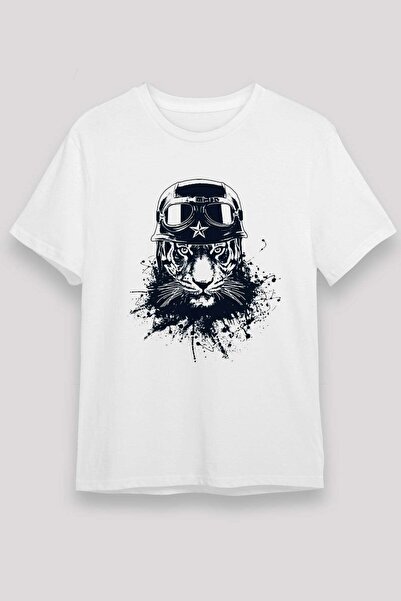 Darkhane Motorcyclist Tiger Printed Unisex White T-Shirt